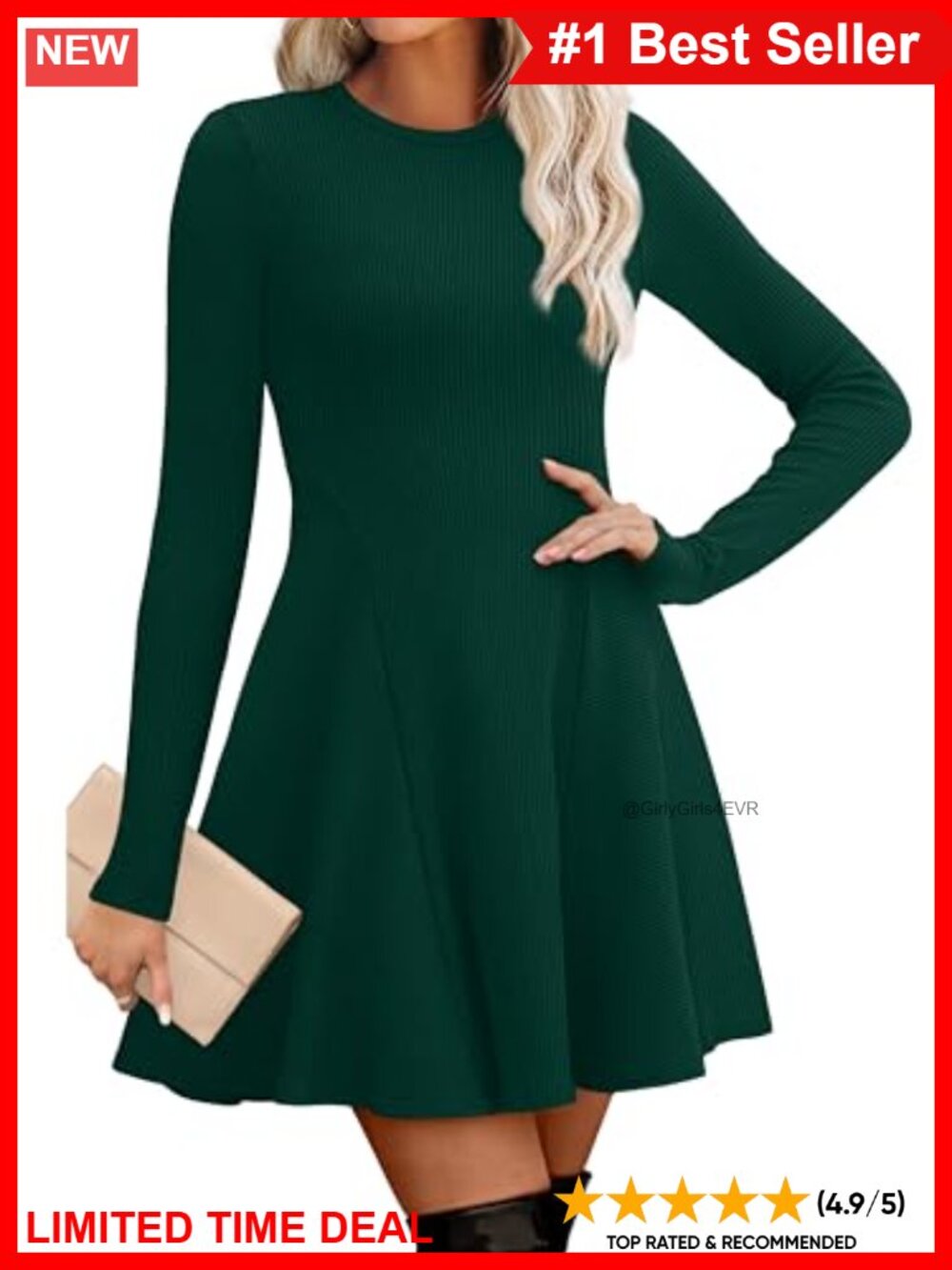 OFEEFAN Ribbed Knit Sweater Dress Long Sleeve Fit and Flare A-Line Mini